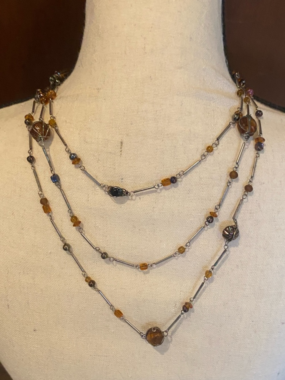 Vintage art glass Multistrand Amber and Brown Glass Bead Necklace - Vintage